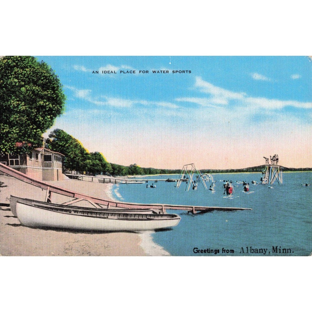 Vtg Albany Minnesota Linen Postcard Beach Water Sports E.C. Kropp 698-W296 - Picture 1 of 2